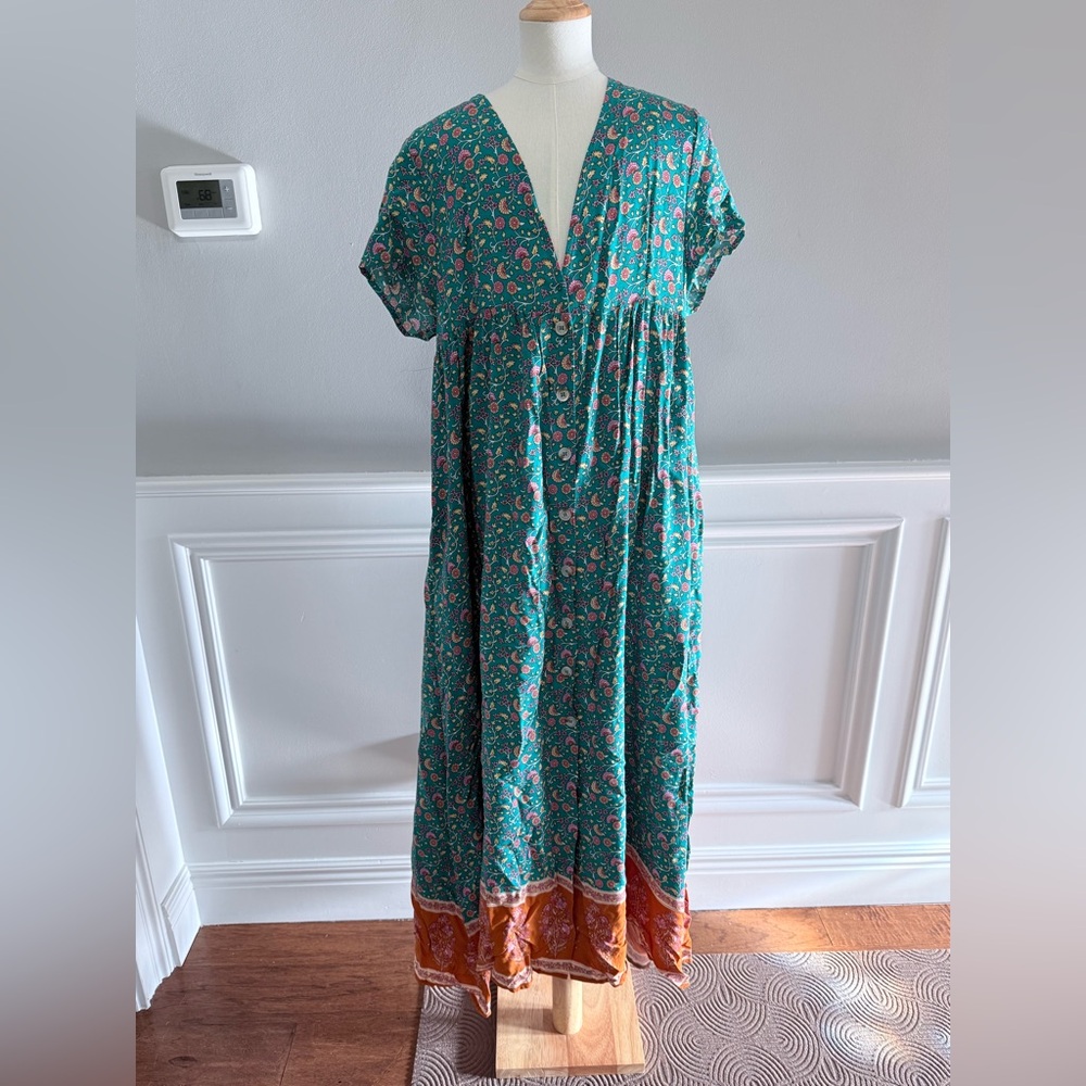NATURAL LIFE Teal Floral Maxi Dress with Orange Hem